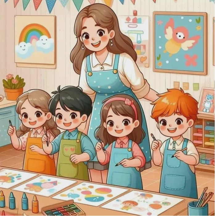 Ảnh cô giáo dạy học chibi với bảng đen