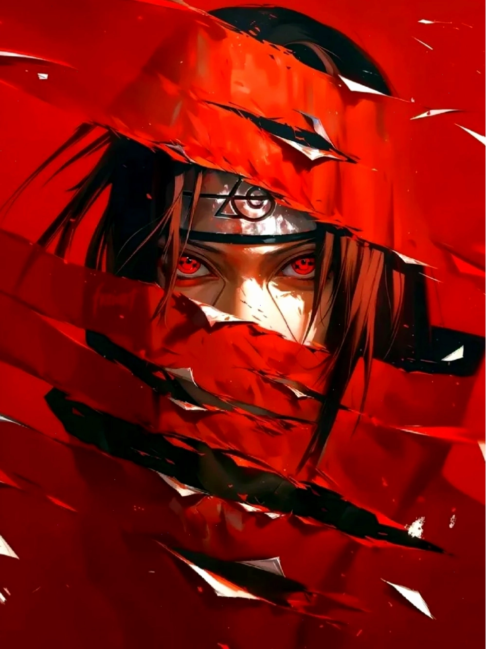 Ảnh Itachi Uchiha với mái tóc dài và ánh mắt sắc bén
