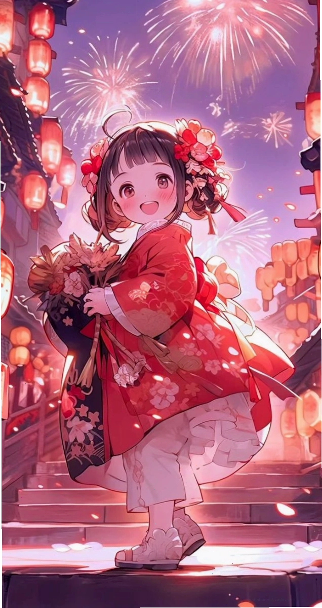 Anime bé gái và đèn lồng mang không khí Tết