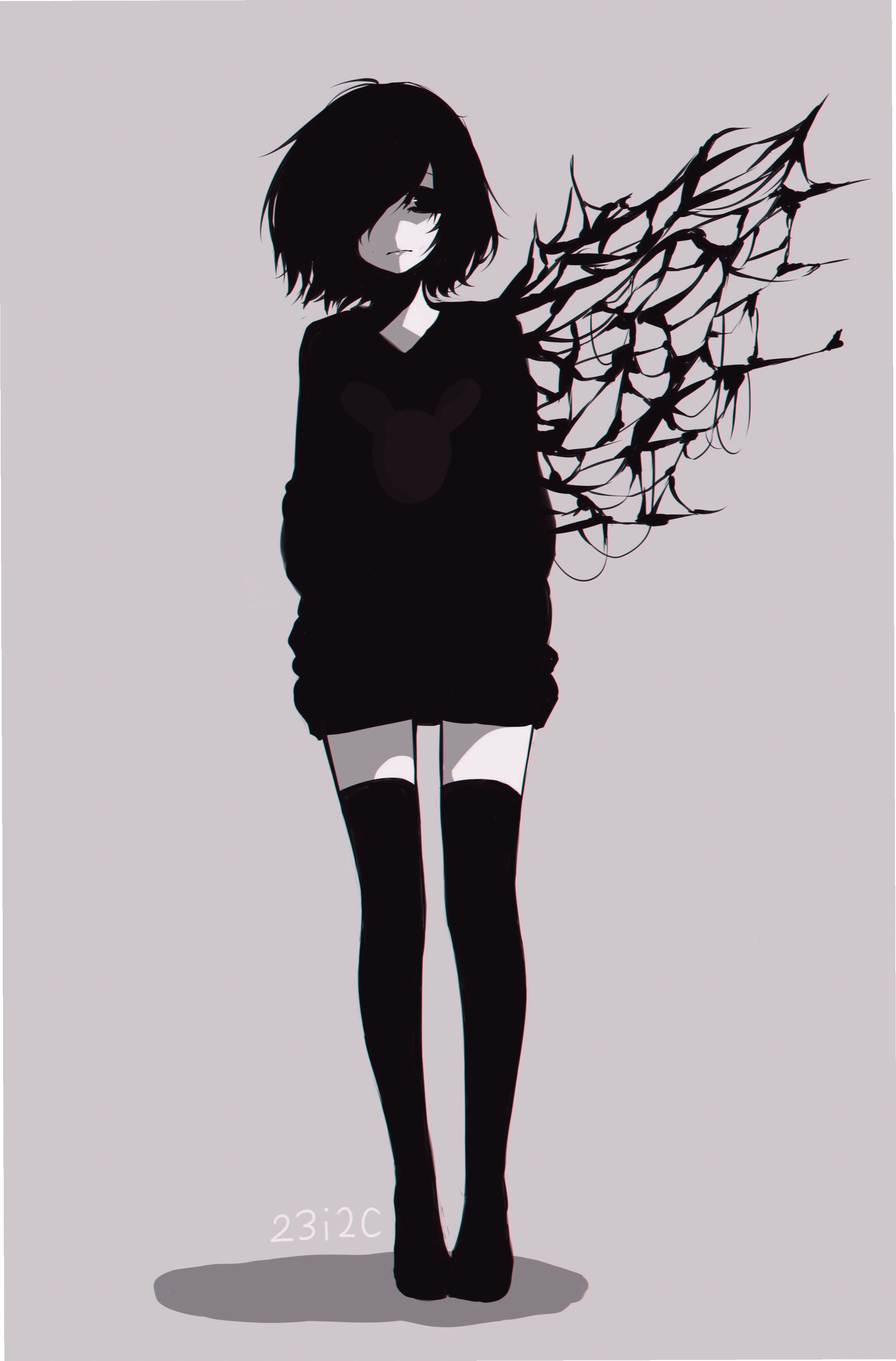 Anime girl trắng đen buồn với ánh mắt sâu thẳm và biểu cảm cô đơn