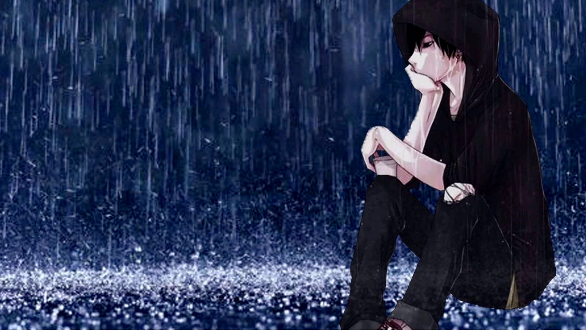 Chàng trai anime ngồi một mình trong mưa