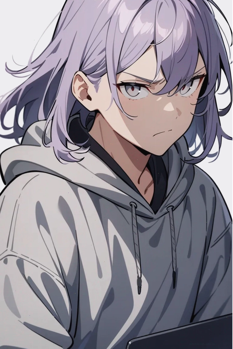 Chàng trai anime tóc tím nhạt mắt xám, vẻ mặt nghiêm túc, mặc áo hoodie