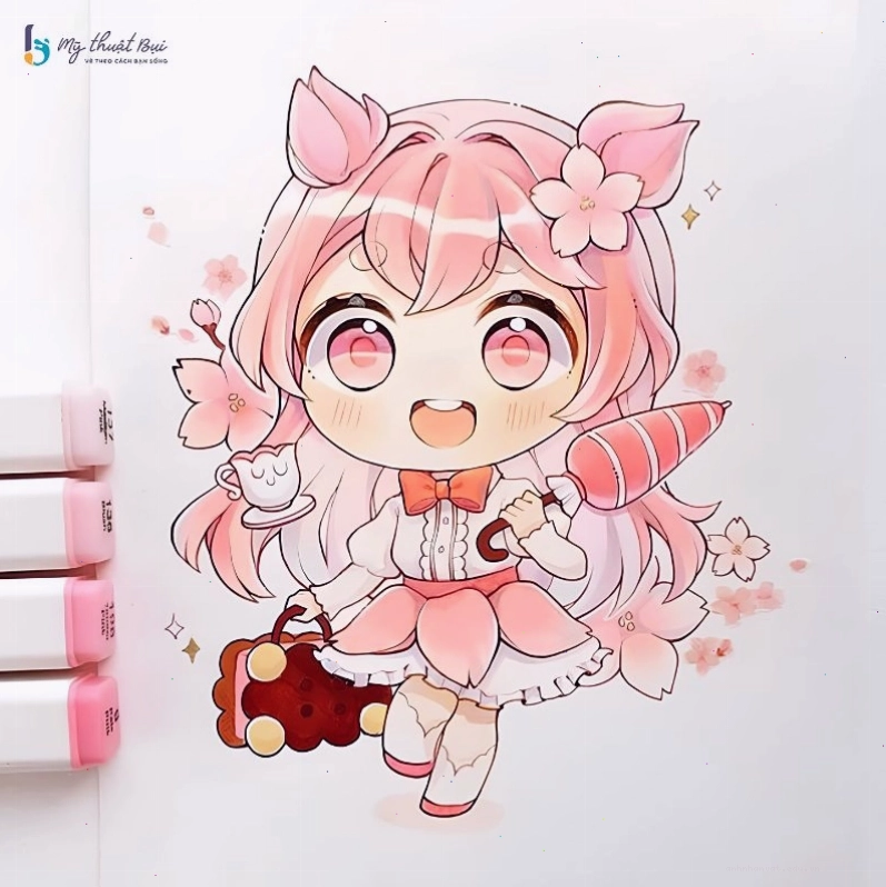 Chibi nữ dễ thương với mái tóc ngắn và trang phục dạo phố