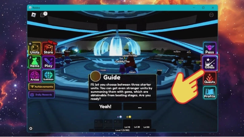 Chọn mục Code trong giao diện game Anime Vanguards trên Roblox