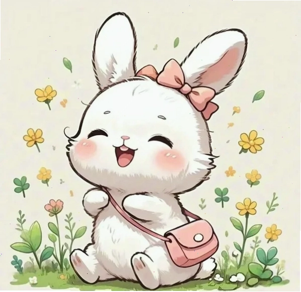 Chú thỏ chibi ngồi trong khóm hoa nhỏ