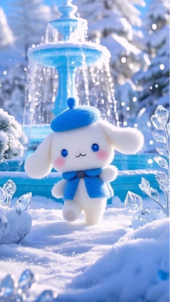 Cinnamoroll anime cute đứng dưới vòi nước mùa đông