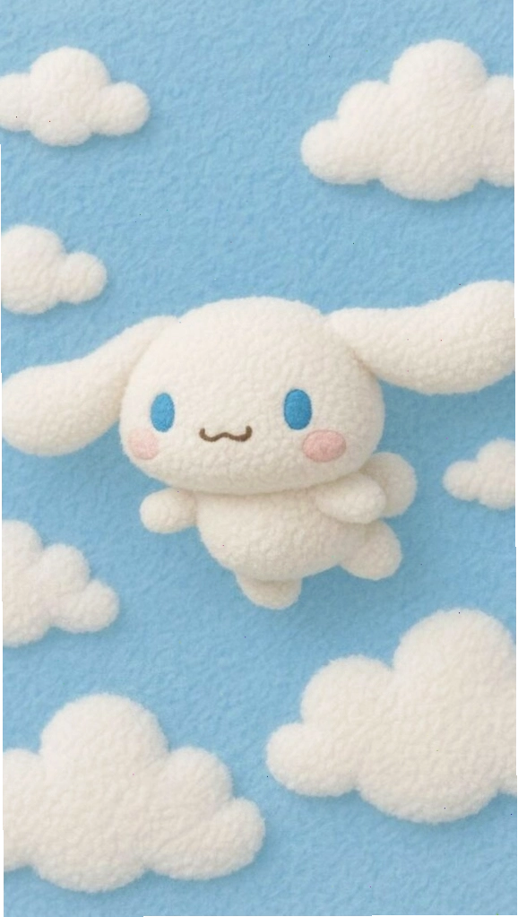 Cinnamoroll anime cute giữa mây bông trên nền xanh pastel