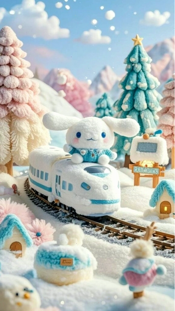 Cinnamoroll anime cute trên tàu tuyết chạy trong khung cảnh cổ tích