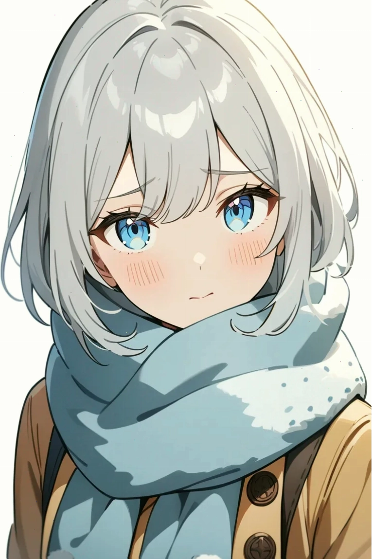 Cô gái anime tóc bạc mắt xanh băng giá với biểu cảm rụt rè, mặc trang phục mùa đông