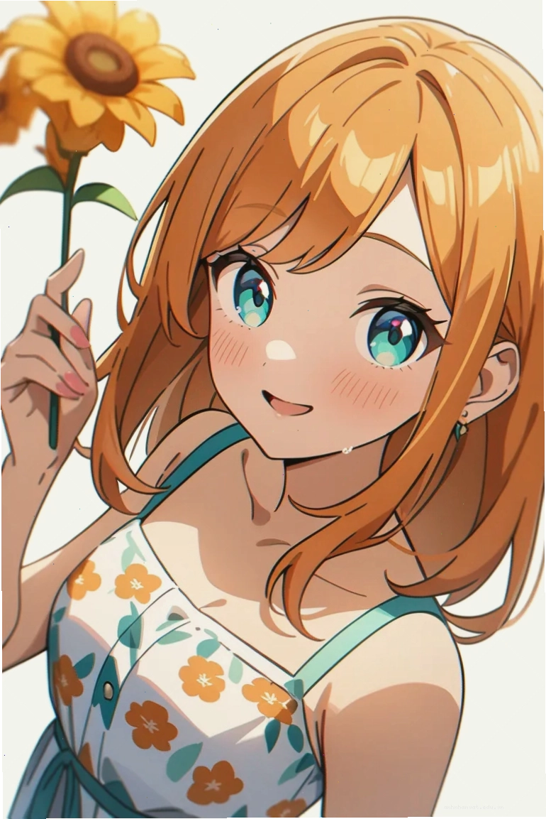 Cô gái anime tóc cam mắt xanh ngọc, nháy mắt tinh nghịch, mặc váy hè