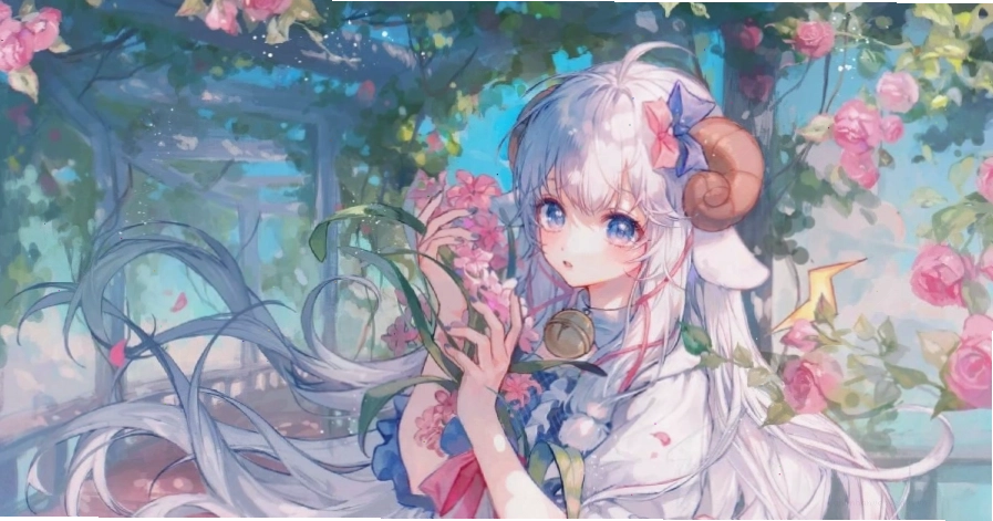 Cô gái anime với mái tóc bạch kim và đôi mắt tím bí ẩn