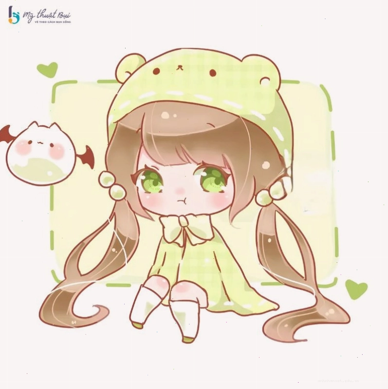 Cô gái chibi tóc dài, mặc váy xòe và cầm bó hoa