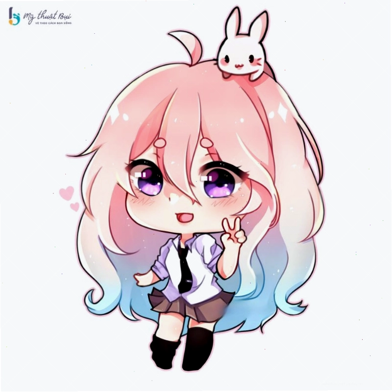 Cô gái chibi tóc ngắn, đeo tai nghe và cười tươi