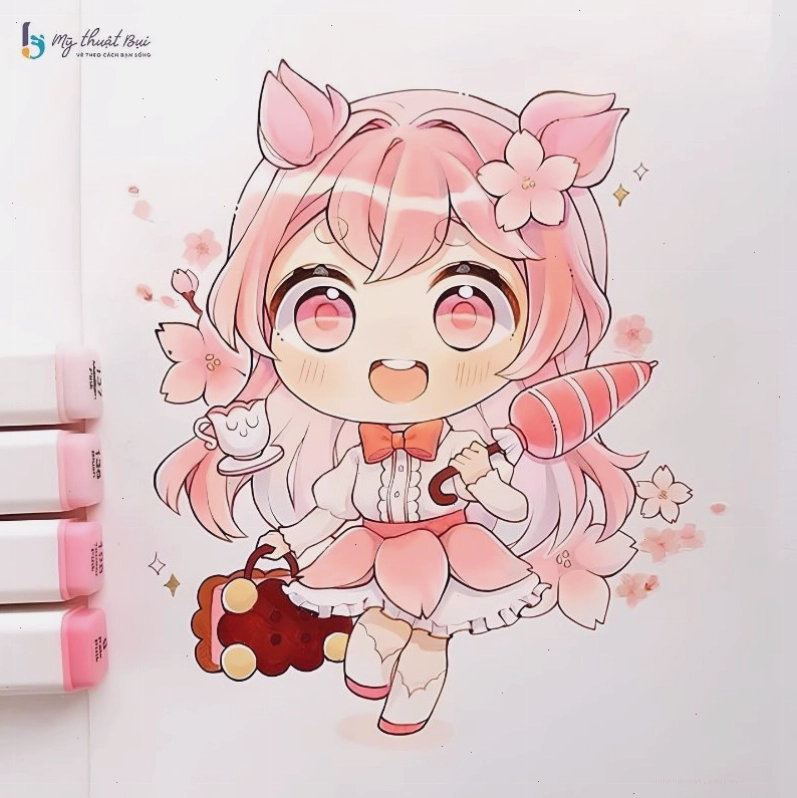 Cô gái chibi tóc vàng, đeo kính và mặc đồng phục học sinh