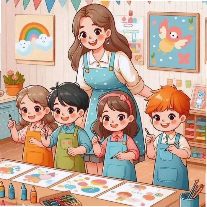 Cô giáo chibi trong trang phục áo sơ mi và quần tây