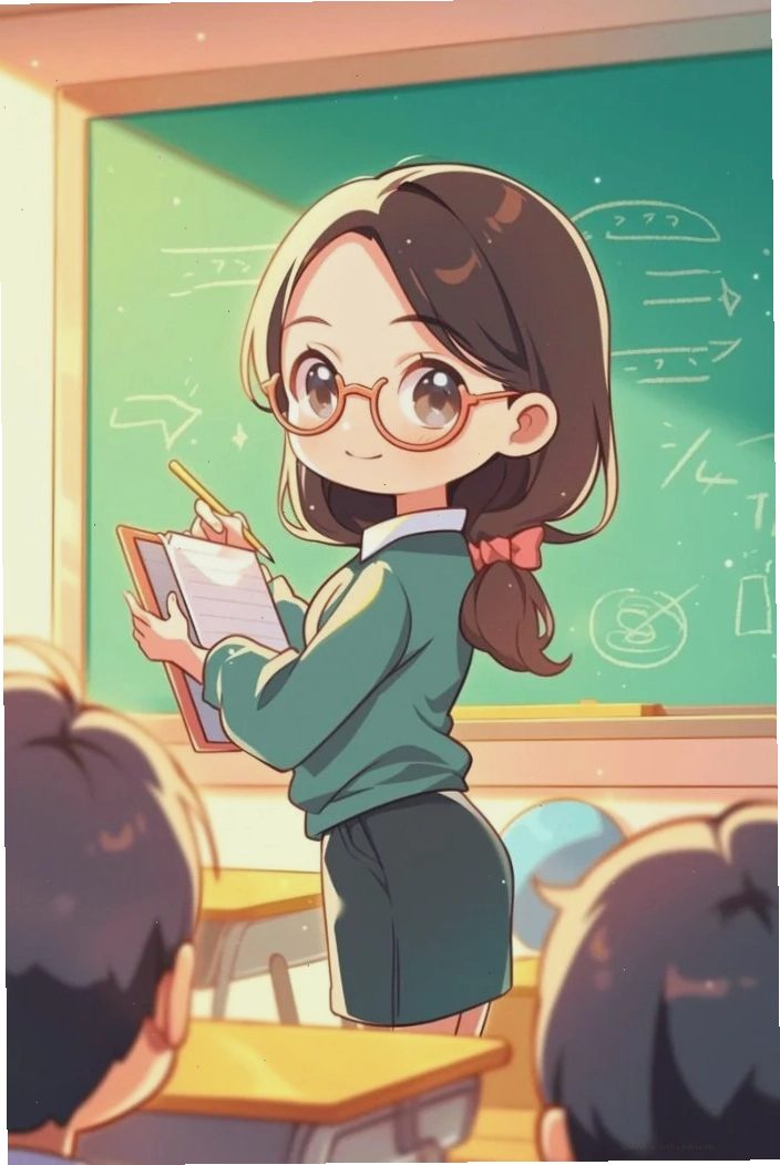 Cô giáo học sinh chibi trong không khí lớp học vui tươi