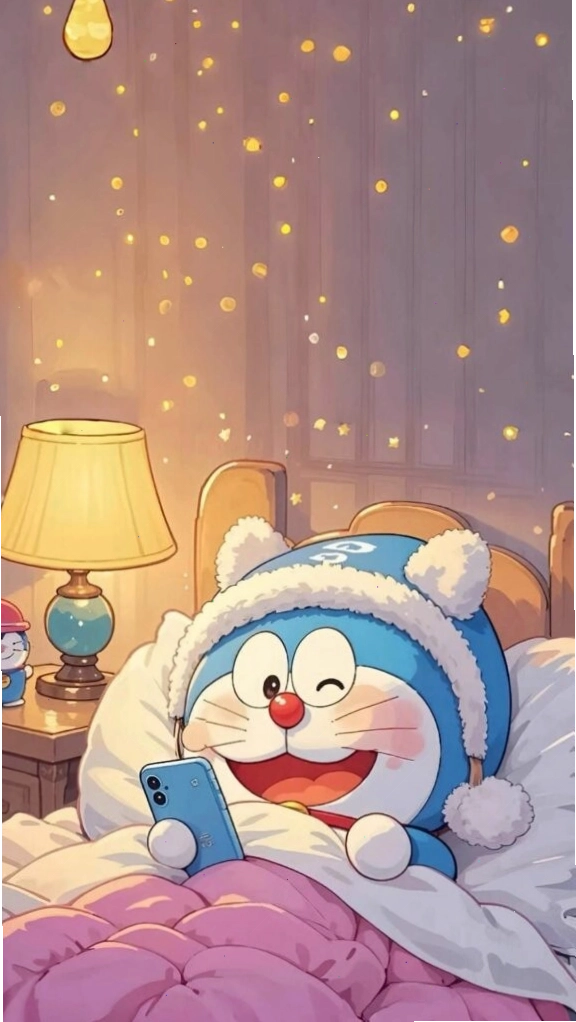 Doraemon cuộn tròn trên giường, giấc mơ ngọt ngào