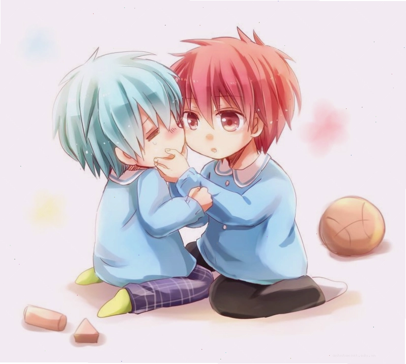 Hai nhân vật chibi BL ôm nhau cười tươi