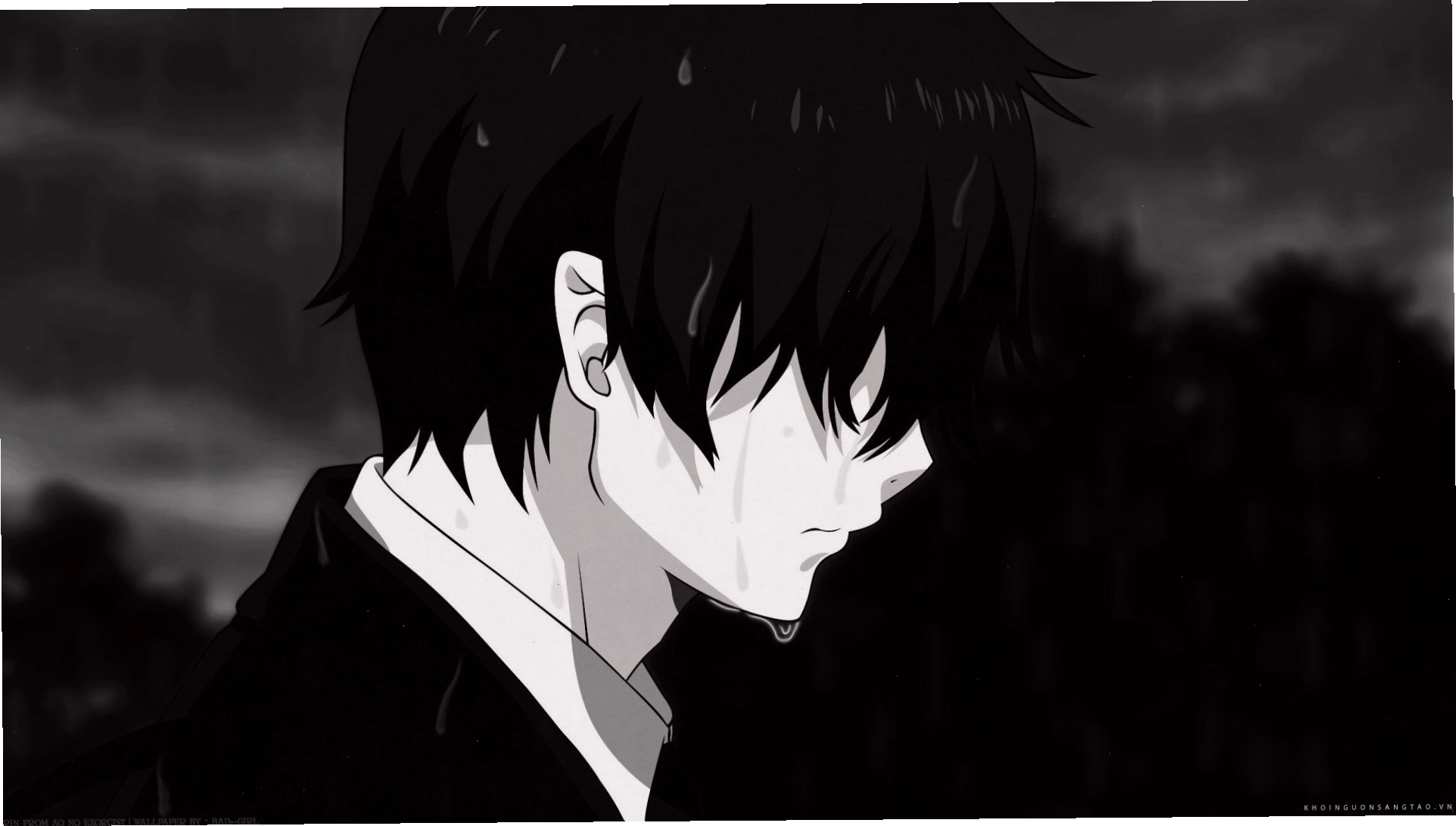Hình ảnh anime đen trắng đẹp với nét vẽ tinh tế và biểu cảm buồn