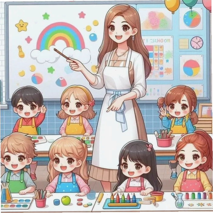 Hình ảnh cô giáo chibi và học sinh thân thiết