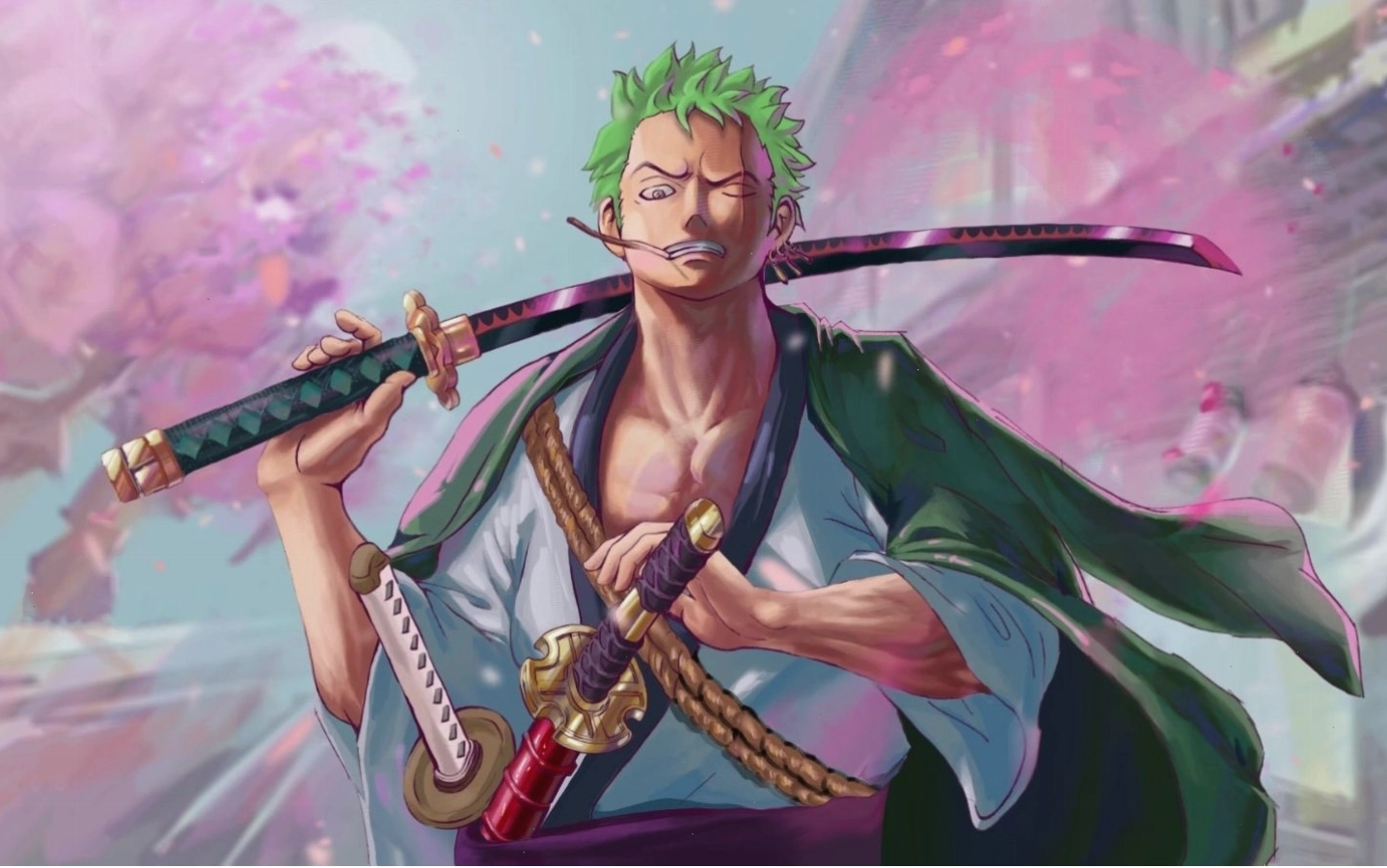 Hình ảnh zoro đang trong thế tấn công mạnh mẽ, thể hiện khí chất của kiếm sĩ