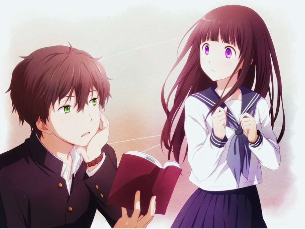 Hình anime Hyouka cặp đôi chính trong không gian lớp học