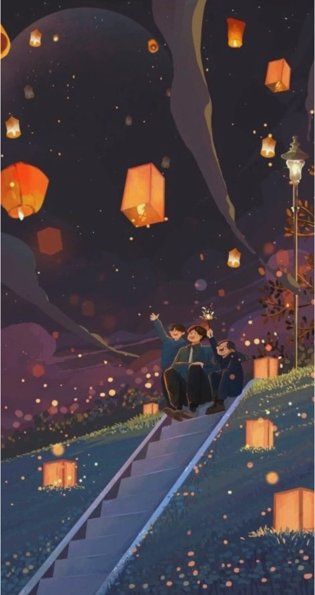 Hình nền Tết anime với đèn lồng lung linh