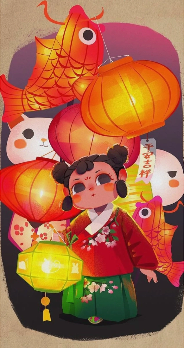 Hình nền Tết có đèn lồng dễ thương phong cách anime
