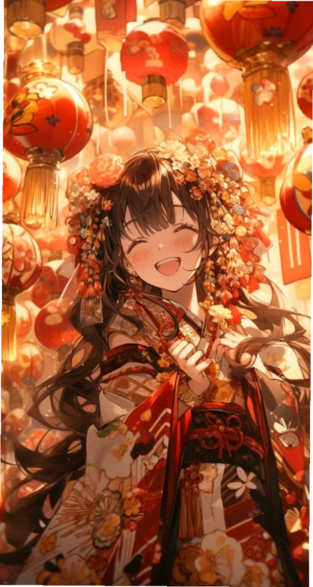 Hình nền Tết cô gái vui vẻ bên đèn lồng anime
