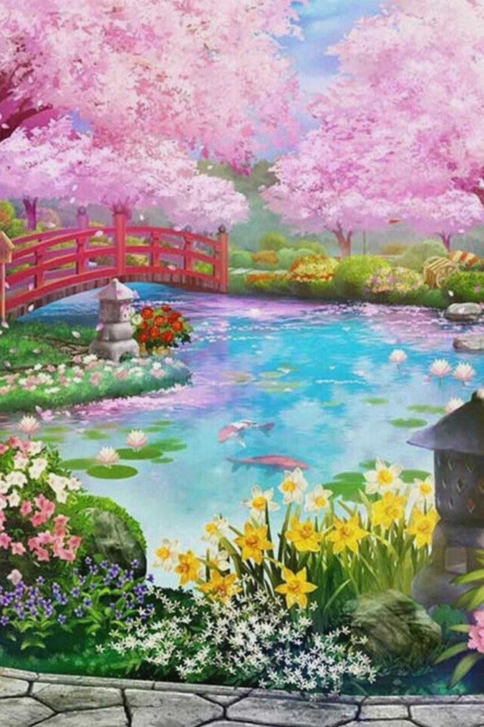 Hoa đào nở rộ bên bờ hồ tĩnh lặng