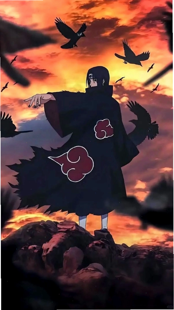 Itachi Uchiha với Sharingan rực lửa trong trang phục Akatsuki