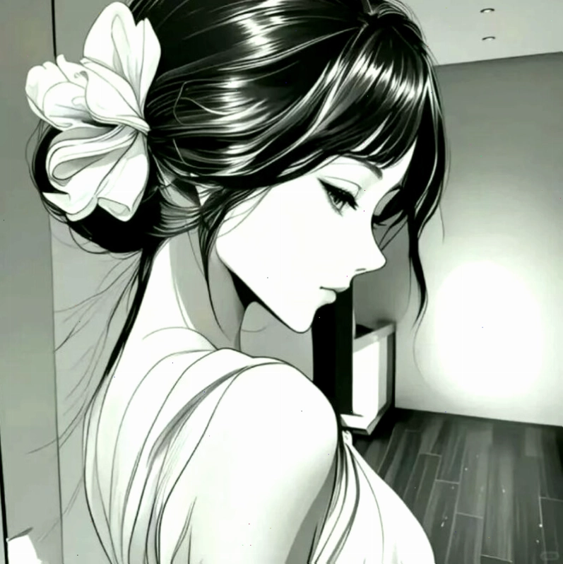 Nhân vật anime nữ với mái tóc đen dài và trang phục tối giản