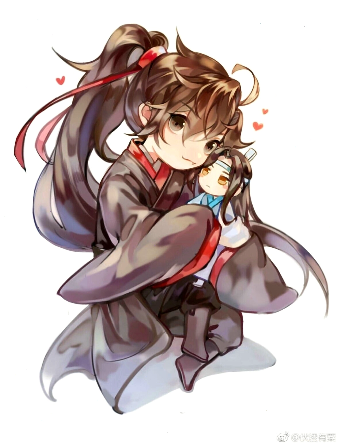 Nhân vật chibi BL với trang phục học sinh, tay cầm sách