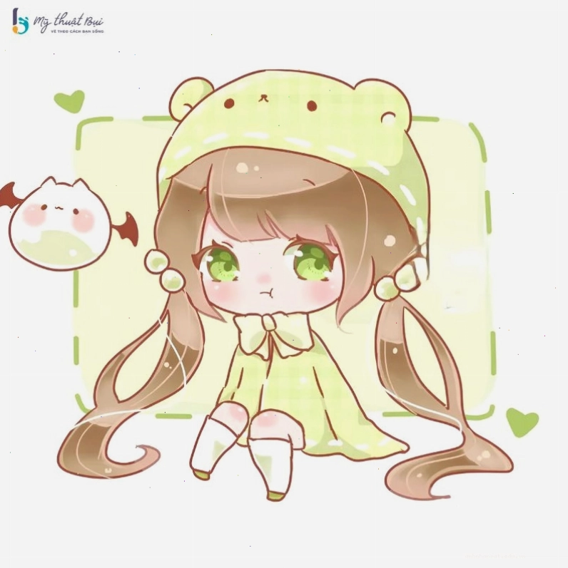 Nhân vật chibi nữ với mái tóc màu tím và đôi mắt xanh biếc