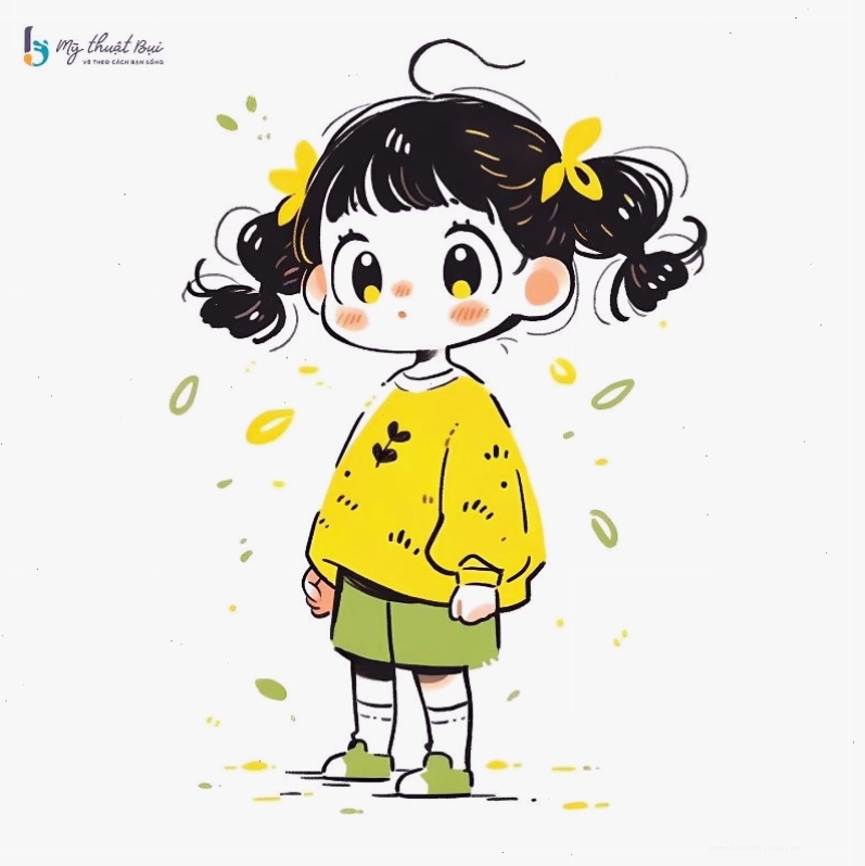 Nhân vật chibi nữ với trang phục dễ thương và phụ kiện tóc xinh xắn