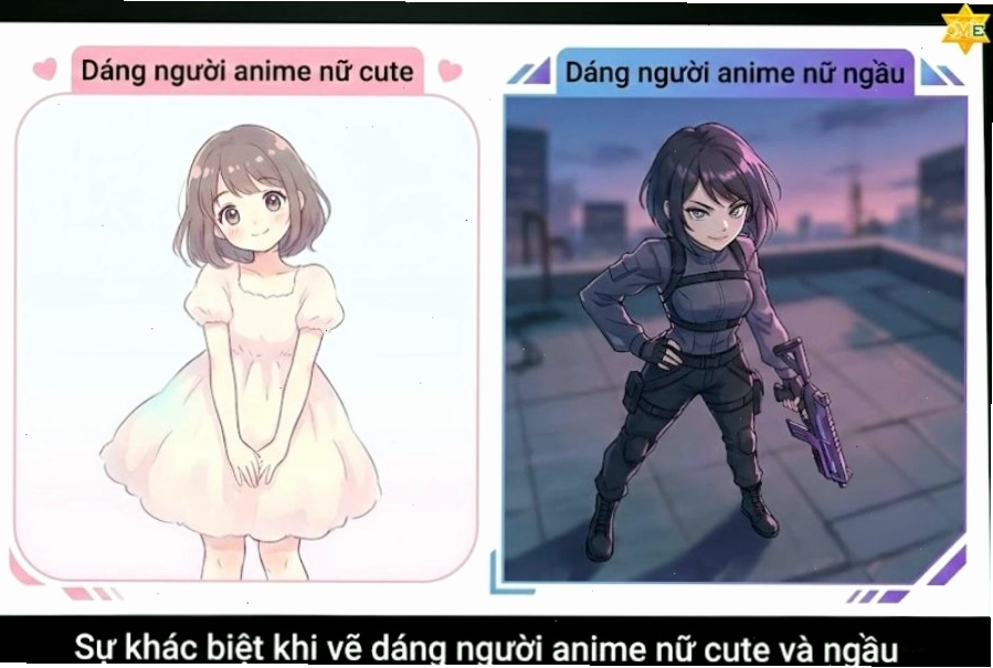 So sánh dáng người anime nữ cute và dáng người anime nữ ngầu