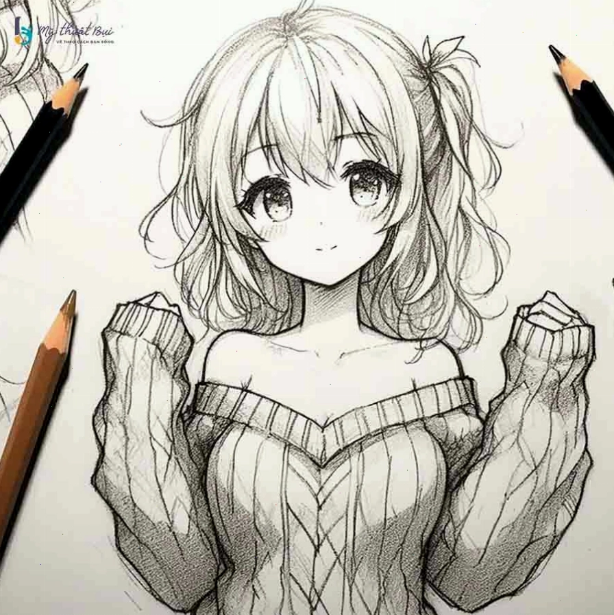 Tranh vẽ anime nữ đẹp với tư thế ngồi thể hiện khí chất